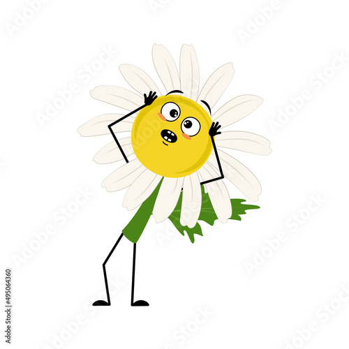 Chamomile character with emotions in panic grabs his head, surprised face, shocked eyes, arms and legs. Person with scared expression, daisy flower. Vector flat illustration