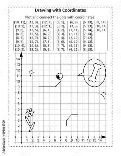 Coordinate graphing, or drawing by coordinates, math worksheet with poodle dog: Reveal the mystery picture by plotting and connecting the dots with given coordinates.
