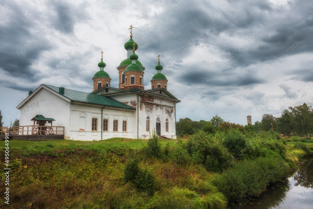 Smolensky Cathedral of Olonets located on a small island Mariam, lying below the confluence of the rivers Olonka and Megregi in Karelia, Russia.