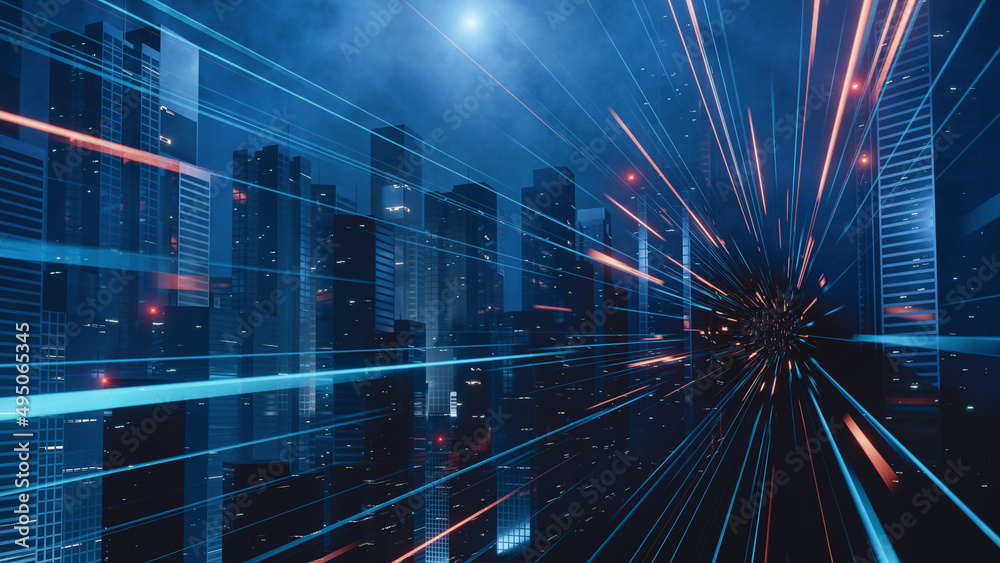 Fototapeta premium 3D Rendering of warp speed in hyper loop with blur light from buildings' lights in mega city at night. Concept of next generation technology, fin tech, big data, 5g fast network, machine learning