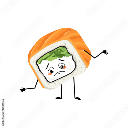 Sushi character with sad emotions, depressed face, down eyes, arms and legs. Person with melancholy expression, asian food emoticon. Vector flat illustration