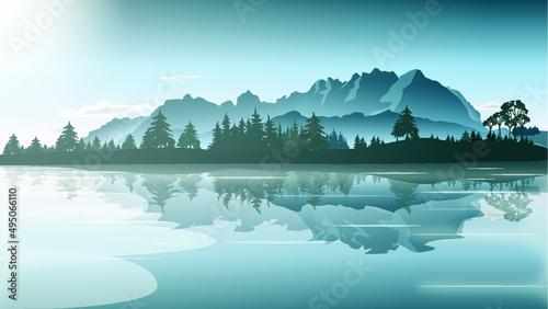landscape with lakes and mountains.