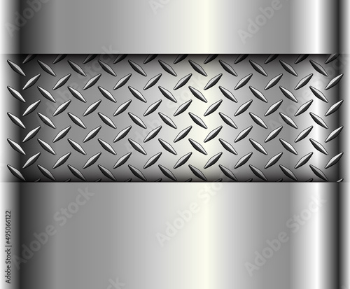Silver chrome metal texture with diamond metallic pattern, 3D lustrous and shiny polished steel plate vector illustration.