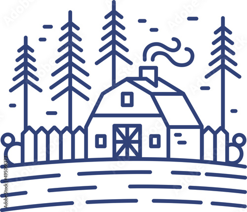 Landscape with Cottage Line Art Monochrome Illustration