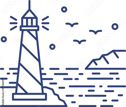 Shining Lighthouse Landscape Line Art Monochrome Illustration