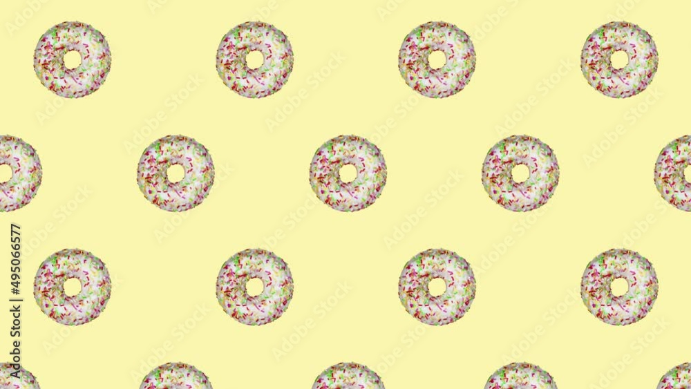 Minimal motion design - Tasty donuts rotating and moving down at yellow color background. Trendy colors and style graphics. Seamless looping animation. Minimal motion design - Tasty donuts rotating and moving down at yellow color background. Trendy colors and style graphics. Seamless looping animation.