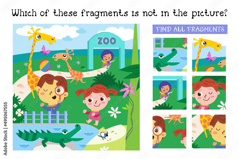 Find all fragments. Game for children. Cute children in zoo among animals. Cartoon character vector illustration.