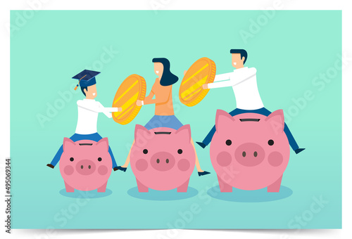 Parent investing money into child education fund, saving money for education, put gold coin in graduation cap