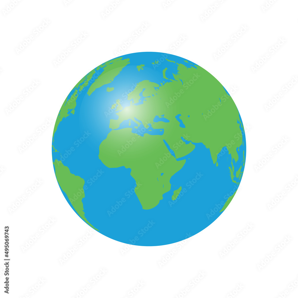Earth globe icon. World map. Colour map template for website pattern. Vector illustration of Earth isolated on white background. Surface of continents.