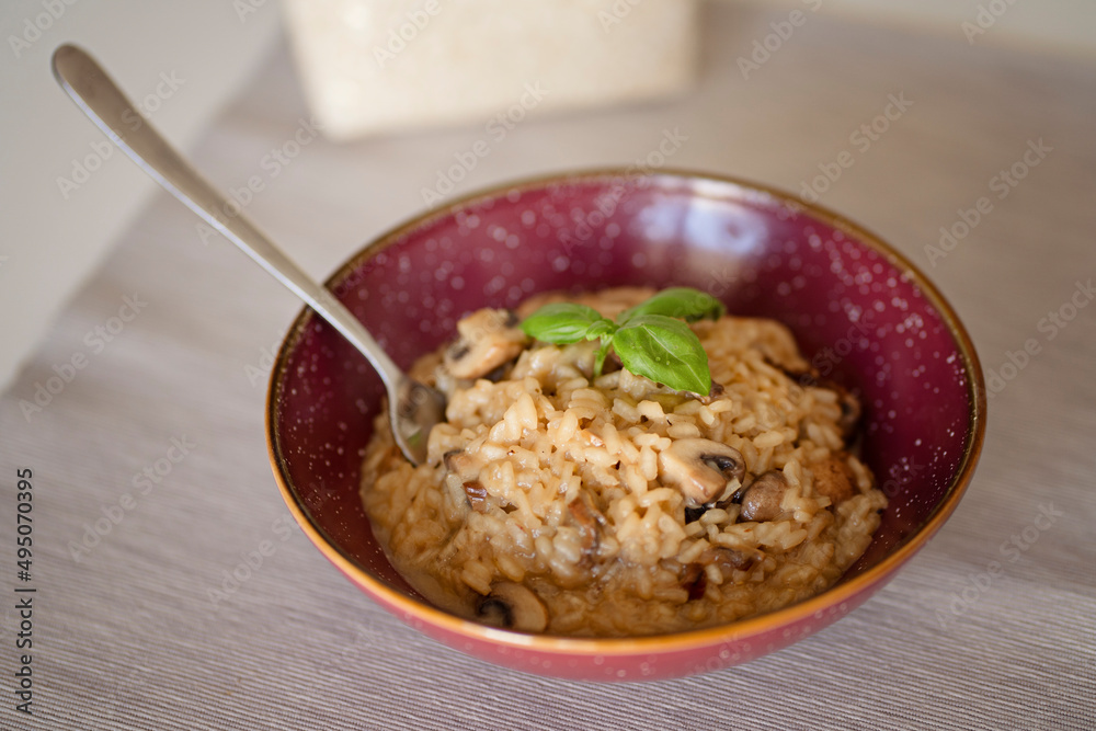 A dish of Italian cuisine - risotto from rice and mushrooms. A dish of Italian cuisine - risotto from rice and mushrooms.