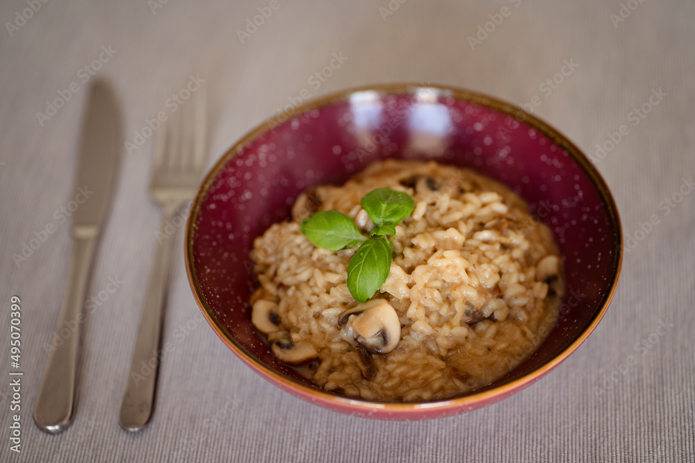 A dish of Italian cuisine - risotto from rice and mushrooms.
