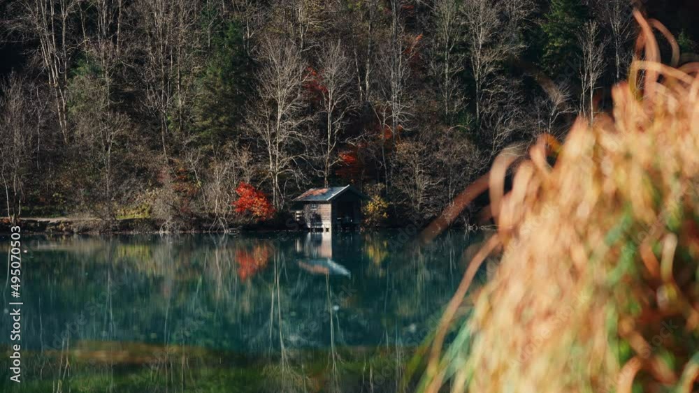 Drone Of Klammsee Reservoir In Autumn With Boathouse Drone Of Klammsee Reservoir In Autumn With Boathouse