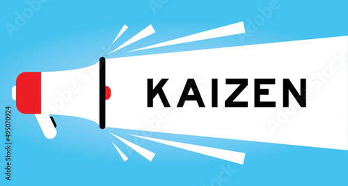 Color megphone icon with word kaizen in white banner on blue background