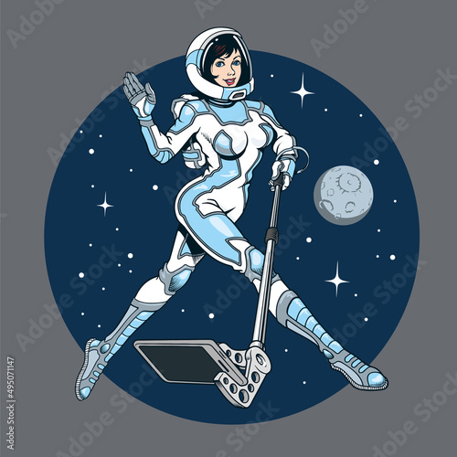 Young attractive astronaut woman in space suit taking selfie. Vector illustration.