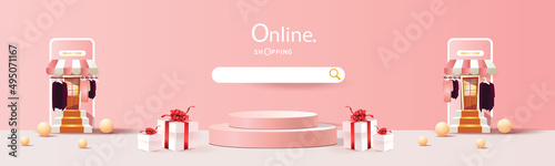 paper art shopping online on smartphone and new buy sale promotion pink backgroud for banner market ecommerce women concept.
