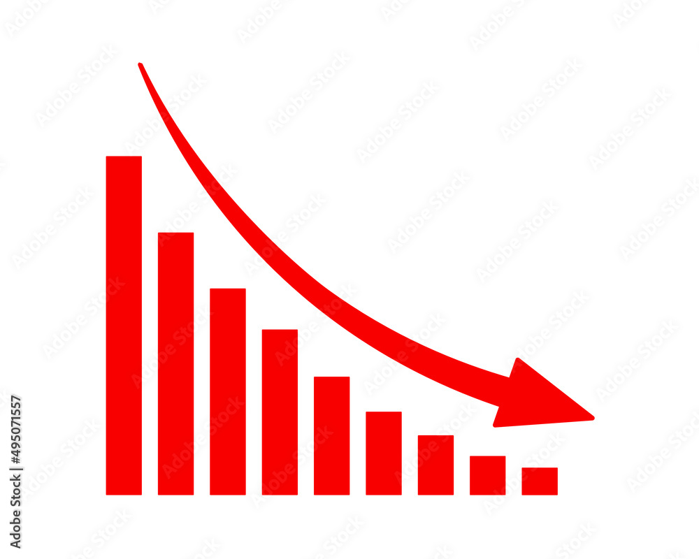 Red arrow going down stock icon on white background. Decrease, Bankruptcy, financial market crash icon for your web site design, logo, app, UI. graph chart downtrend symbol.chart going down sign. Red arrow going down stock icon on white background. Decrease, Bankruptcy, financial market crash icon for your web site design, logo, app, UI. graph chart downtrend symbol.chart going down sign.