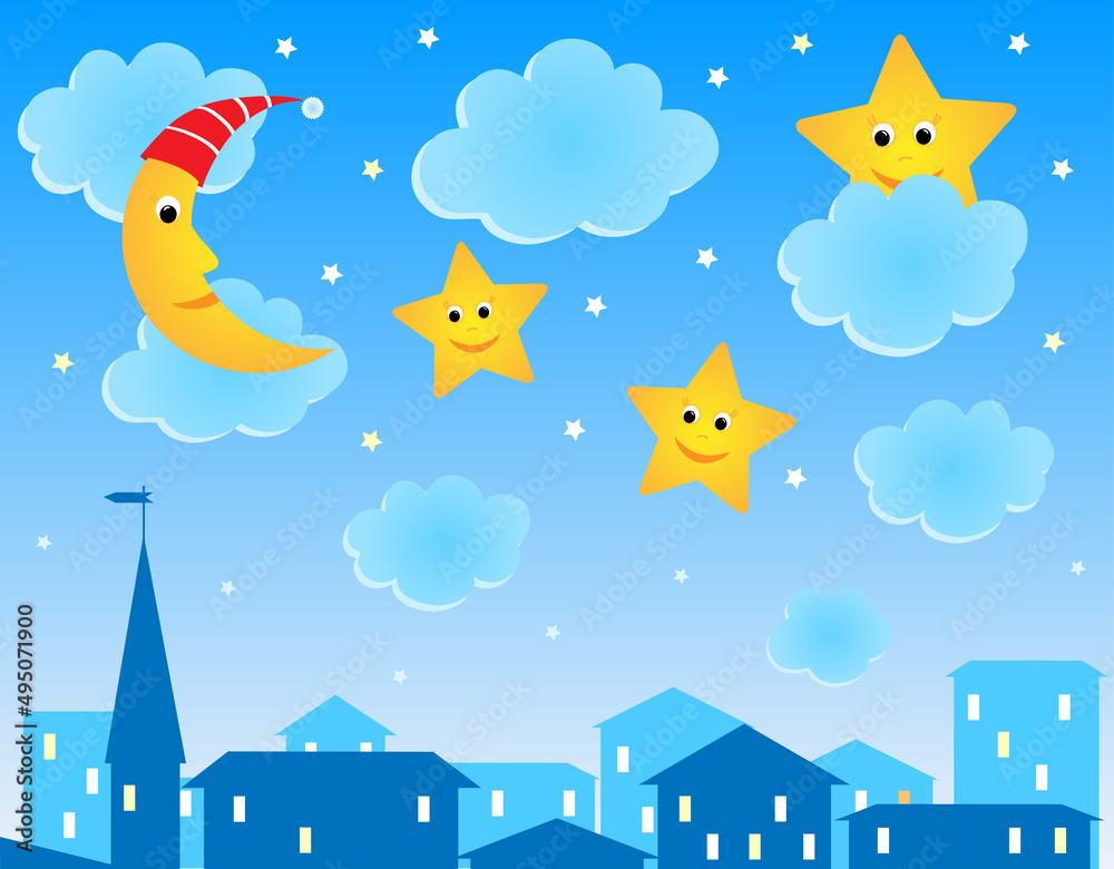 Cute illustration of night roofs, funny moon and stars