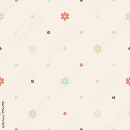 Vintage textured seamless pattern with flowers and polka dots