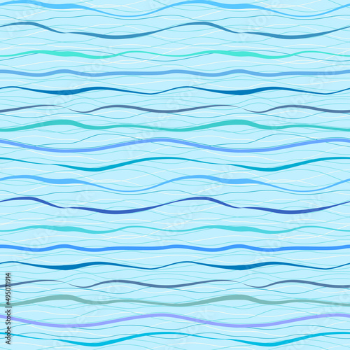 Horizontal blue wavy stripes and lines. Retro seamless pattern