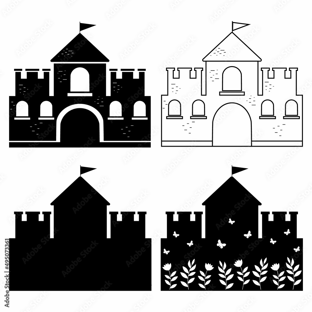 Castle for Princess vector isolated illustration black contour doodle