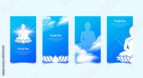 Celebration Vesak Day background with shiny Lord Buddha silhouette.
Celebration Vesak Day design Stories Collection. Vesak Day template stories suitable for promotion, marketing etc.