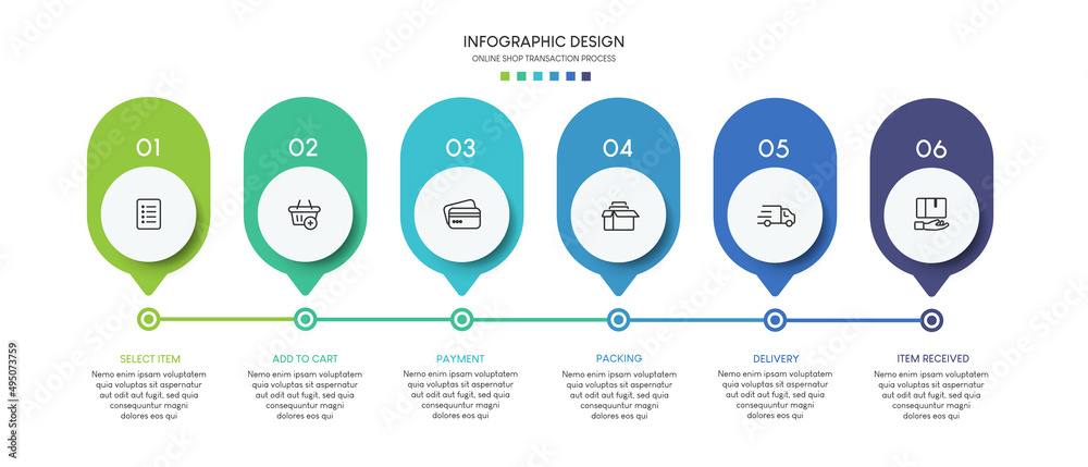 Process of online shopping with 6 steps. Steps business timeline process infographic template Process of online shopping with 6 steps. Steps business timeline process infographic template