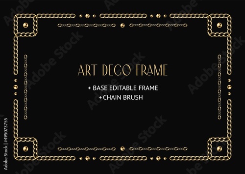 Art deco geometric frame made of golden chain and beads. Chain brush, base editable frame included. Vintage old antique elegant vector design with copy space.