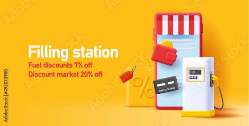 Web banner with 3d illustration of a smartphone application for gas station with payment options