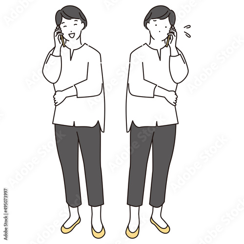 シンプル　イラスト　スマホで通話する女性の全身　セット