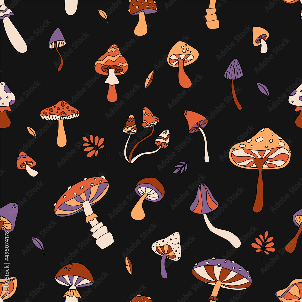 Colorful seamless pattern with mushrooms in retro colors. Flat vector illustration.