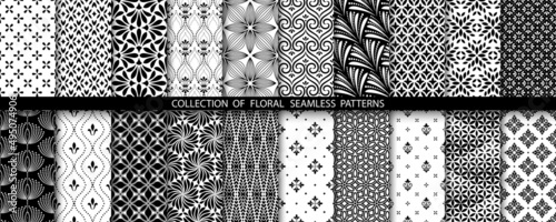 Geometric floral set of seamless patterns. White and black vector backgrounds. Simple illustrations.