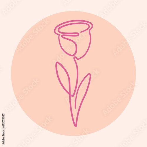 Line art tulip flower in the form of a menstrual cup. Pink contour on a gentle background. Hygiene symbol for women
