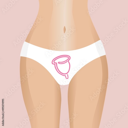 Menstrual cup on the background of white women's underpants. Flat illustration for feminine hygiene products.