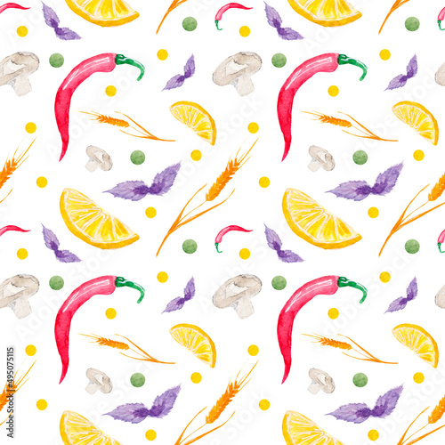 Colorful kitchen seamless pattern with products  basil  chilli pepper  wheat  mushroom and lemon on a white background