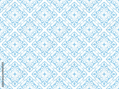 Wallpaper in the style of Baroque. Seamless vector background. White and blue floral ornament. Graphic pattern for fabric, wallpaper, packaging. Ornate Damask flower ornament