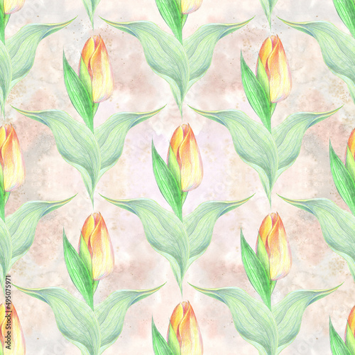 Seamless floral pattern in pastel colors. Yellow tulip with green leaves on a watercolor background.