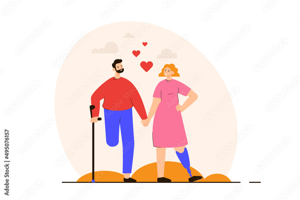 Man and woman with disabilities in love. Happy couple with prosthesis and crutches. Support, inclusion and diversity concept. Modern flat vector illustration