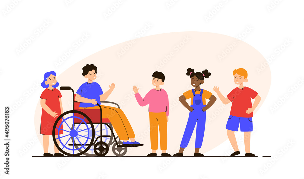 Fototapeta premium Happy boy in a wheelchair with group of friends. Support, diversity, inclusion and disabilities concept. Modern flat vector illustration