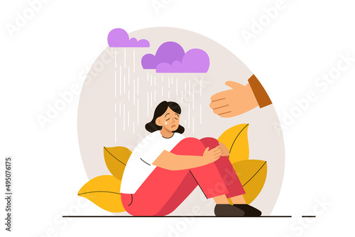 Lonely crying woman sitting on the floor getting help from a hand. Psychological problem, anxiety and mental health concept. Human support. Modern flat vector illustration
