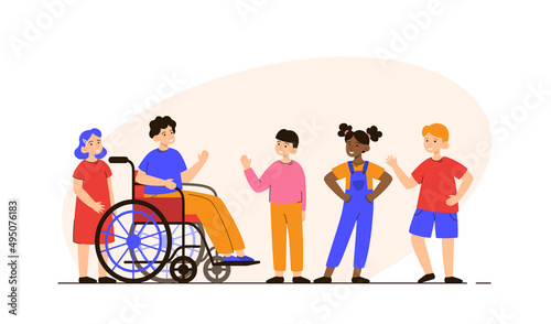 Happy boy in a wheelchair with group of friends. Support, diversity, inclusion and disabilities concept. Modern flat vector illustration
