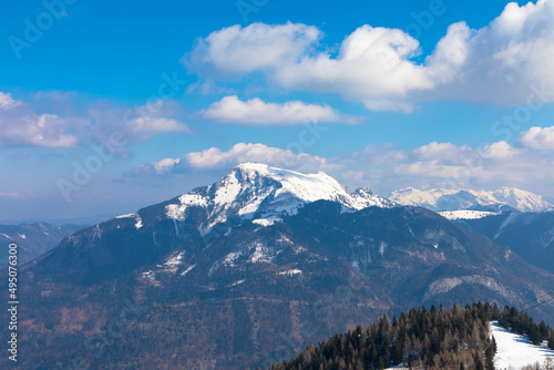 Panorama view of the mountains ski area. View from the viewing platform on the Zwölferhorn mountain in St. Gilgen, Salzkammergut Upper Austria