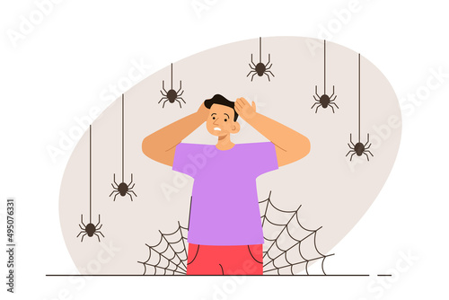 Scared man surrounded by spiders and web. Person with arachnophobia. Phobia, psychological problem, anxiety and mental health concept. Modern flat vector illustration