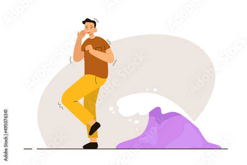 Terrified man shivering in front of the water wave. Person with hydrophobia. Phobia, psychological problem, anxiety and mental health concept. Modern flat vector illustration