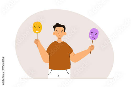 Man holding masks with sad and happy expression. Fake emotion, hiding real feelings, playing a role. Social behavior, psychological problem and mental health concept. Modern flat vector illustration