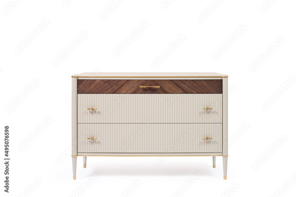 chest of drawers with veneer and painted wood trim in a modern classic style on a white background chest of drawers with veneer and painted wood trim in a modern classic style on a white background