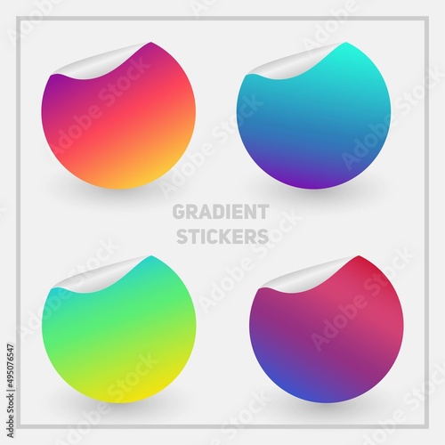 Set of round  stickers with a folded edges. Paper circles of bright modern gradient. Blank templates. Empty mockup of tags with a realistic textures. Icon for your online advertising