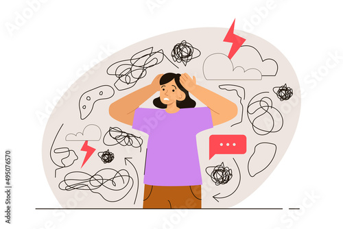 Nervous woman touching head surrounded by problems and anxiety thoughts. Phobia, psychological problem and mental health concept. Modern flat vector illustration