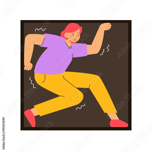 Shivering woman inside of a little box. Person with claustrophobia. Phobia, psychological problem, anxiety and mental health concept. Modern flat vector illustration
