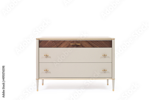 chest of drawers with veneer and painted wood trim in a modern classic style on a white background