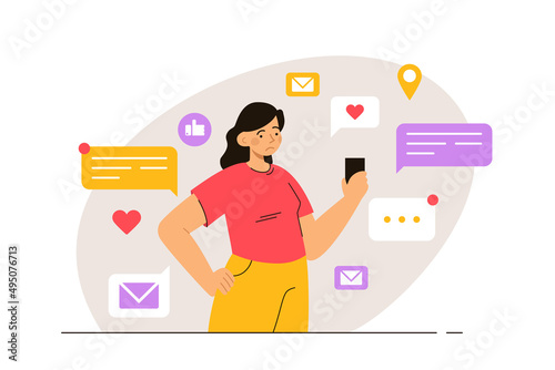 Sad woman standing with smartphone in hand surrounded by notifications. Fear of missing out. Psychological problem, anxiety and mental health concept. Modern flat vector illustration